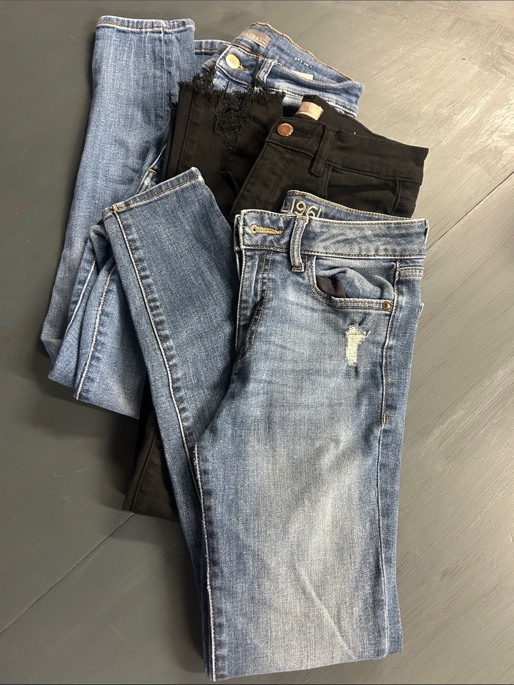 DL1961 Women's Distressed Skinny Jeans Light Blue and Black.  Three (3) Total